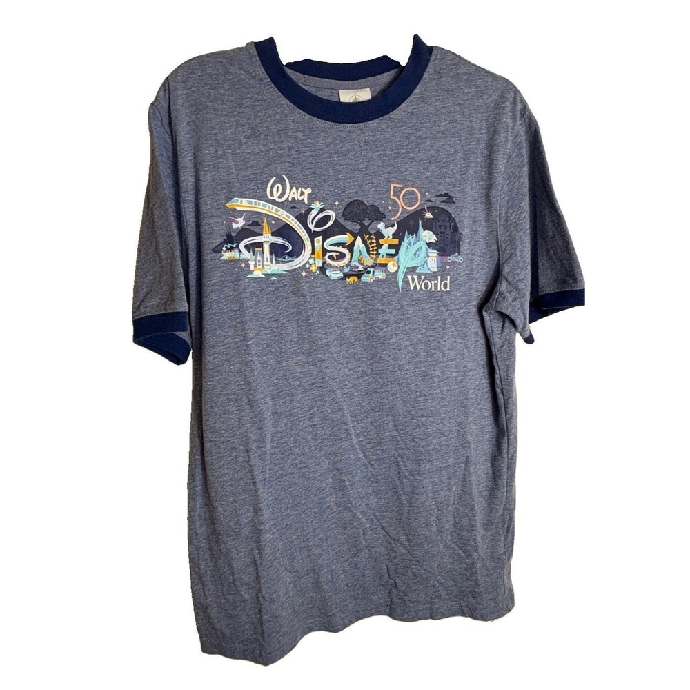 Disney Parks Walt Disney World 50th Anniversary Ringer Tee Adult Small Blue